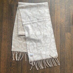 Calvin Klein CK Logo Jacquard Scarf Cream Beige Fringe Acrylic Winter Accessory